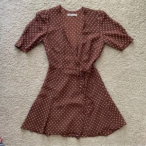 Reformation Lucky Mini Wrap Dress - Brown Polka Dot - XS